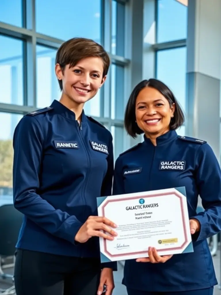 A photograph of a young woman in a Galactic Rangers uniform receiving a certificate of completion, with a smiling instructor shaking her hand in a modern, high-tech academy setting.
