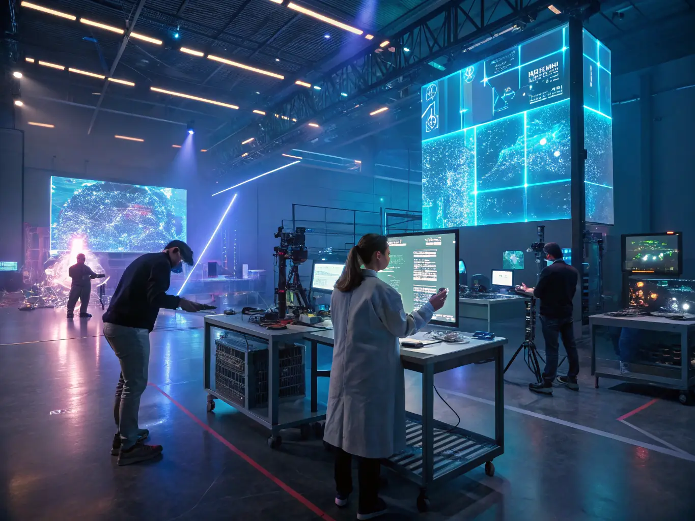 A group of researchers gathered around a holographic display, analyzing data and discussing potential applications of visionary technologies developed within Project Orion.