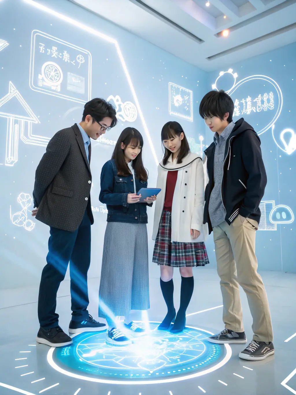 A digital painting of a diverse group of young adults collaborating on a holographic display of a spaceship design, set in a brightly lit, futuristic lab with large windows overlooking a vibrant cityscape.