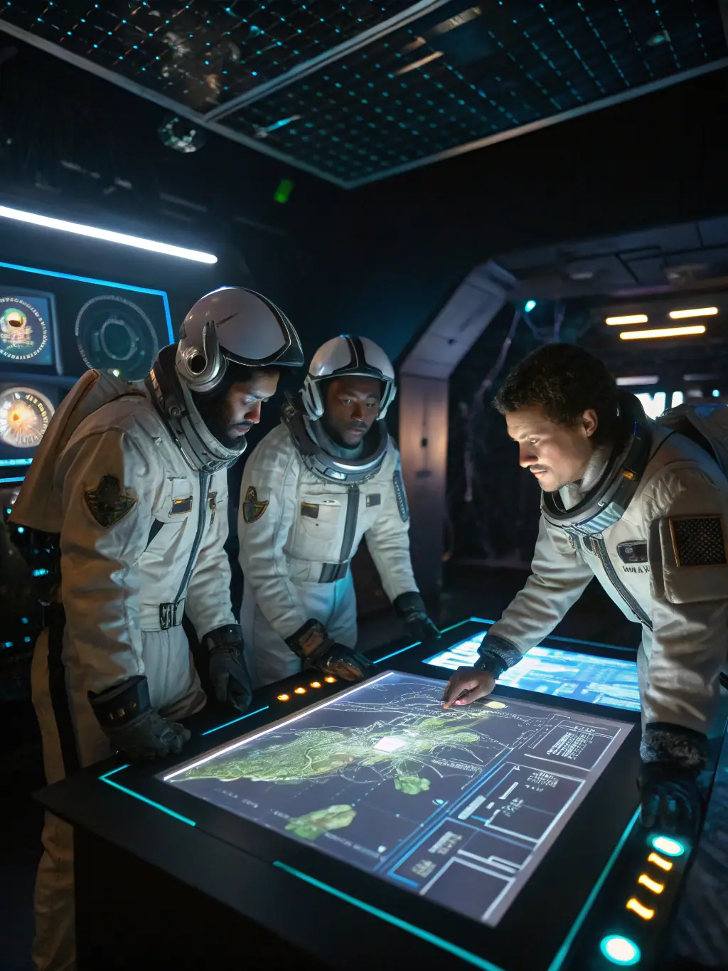 A dynamic image of Starhaven Community members participating in a simulated space mission training exercise, highlighting the adventurous spirit and skill-building.