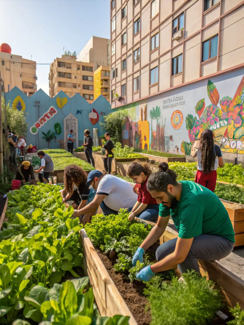 A stylized image of a group of people of various ages and backgrounds working together in a community garden on a space station, with Earth visible in the background.