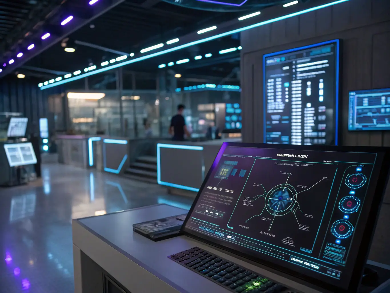 A detailed image showcasing a holographic display of a complex AI neural network, with Galactic Rangers Academy trainees collaborating around it, analyzing data streams and refining algorithms in the Project Orion secure lab.