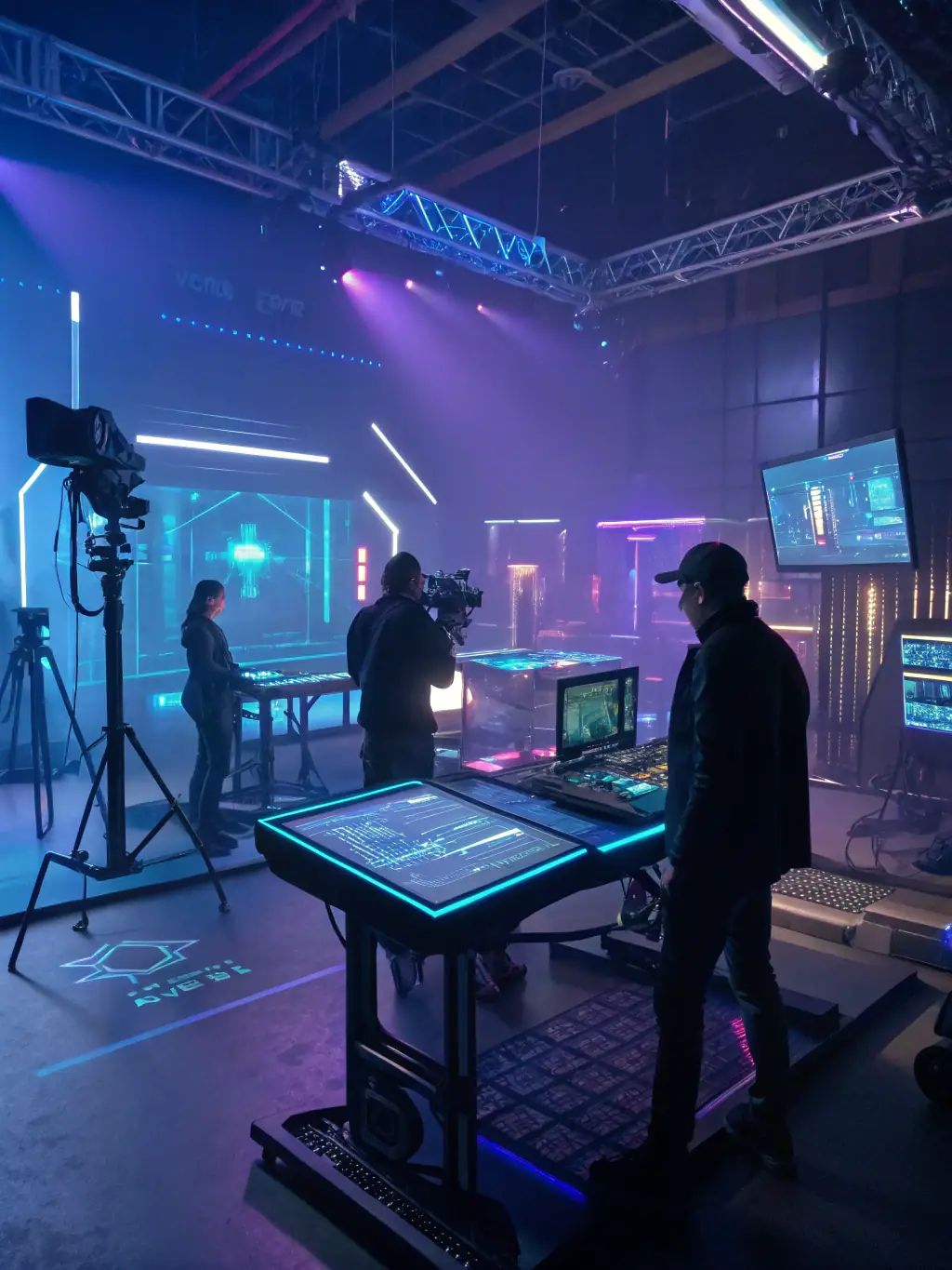 A digital rendering of a sleek, futuristic workspace with advanced AI interfaces and holographic displays, showcasing Project Orion's secure creative lab.