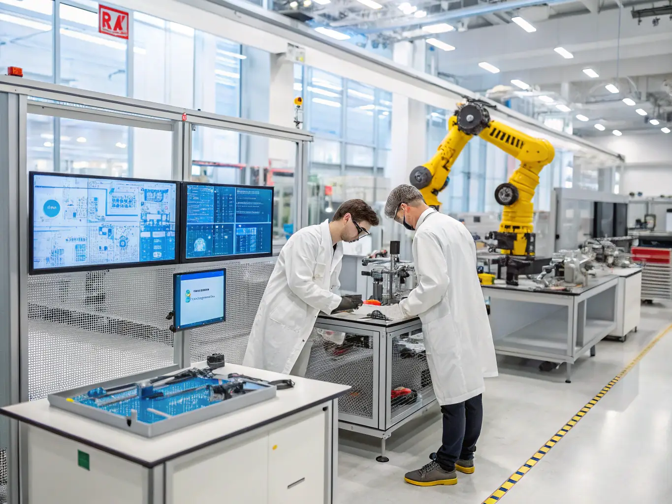 A diverse team of engineers and scientists working together in a high-tech lab, surrounded by holographic displays and advanced equipment, symbolizing the collaborative spirit of Project Orion.