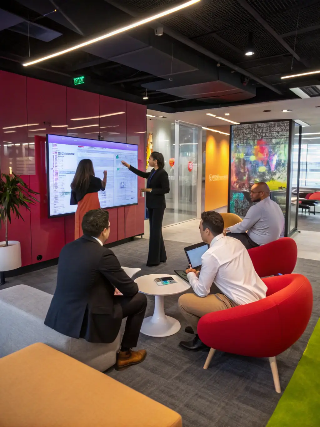 A vibrant photograph capturing a group of Starhaven Community members collaborating on a holographic display, showcasing teamwork and technological innovation.