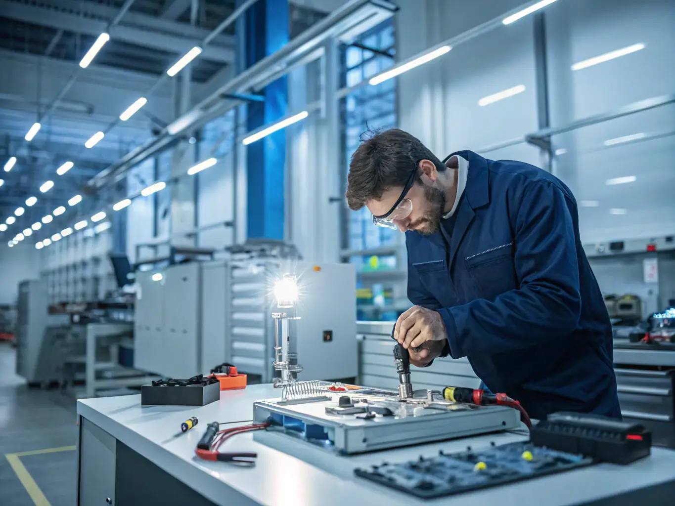A futuristic workshop where engineers are constructing a prototype of advanced protective armor, showcasing the innovative technologies being developed at Project Orion.
